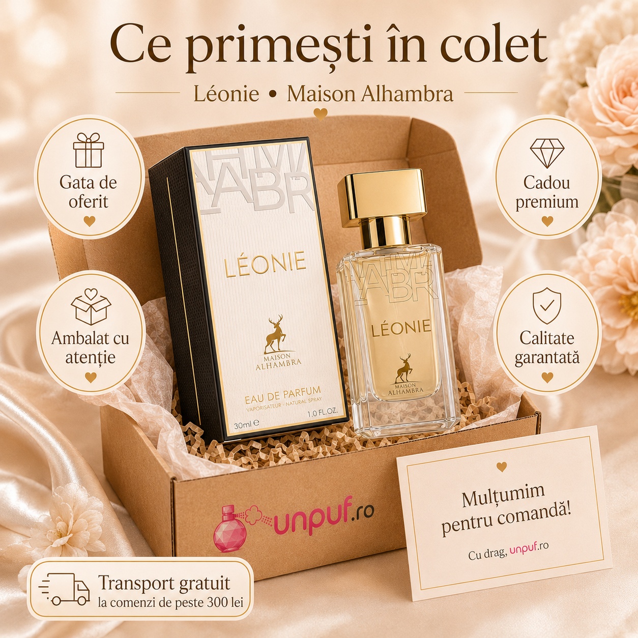 Colet parfum Alhambra Leonie ambalat cu atenție, gata de oferit cadou premium