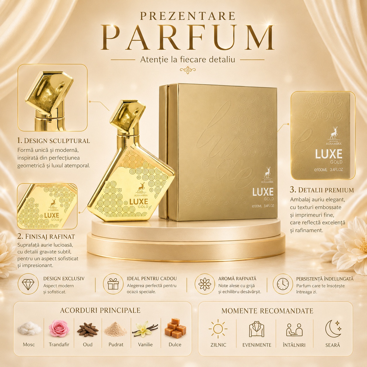 Prezentare Parfum Alhambra Luxe Gold Maison Alhambra 100 ml detalii flacon auriu acorduri principale și beneficii