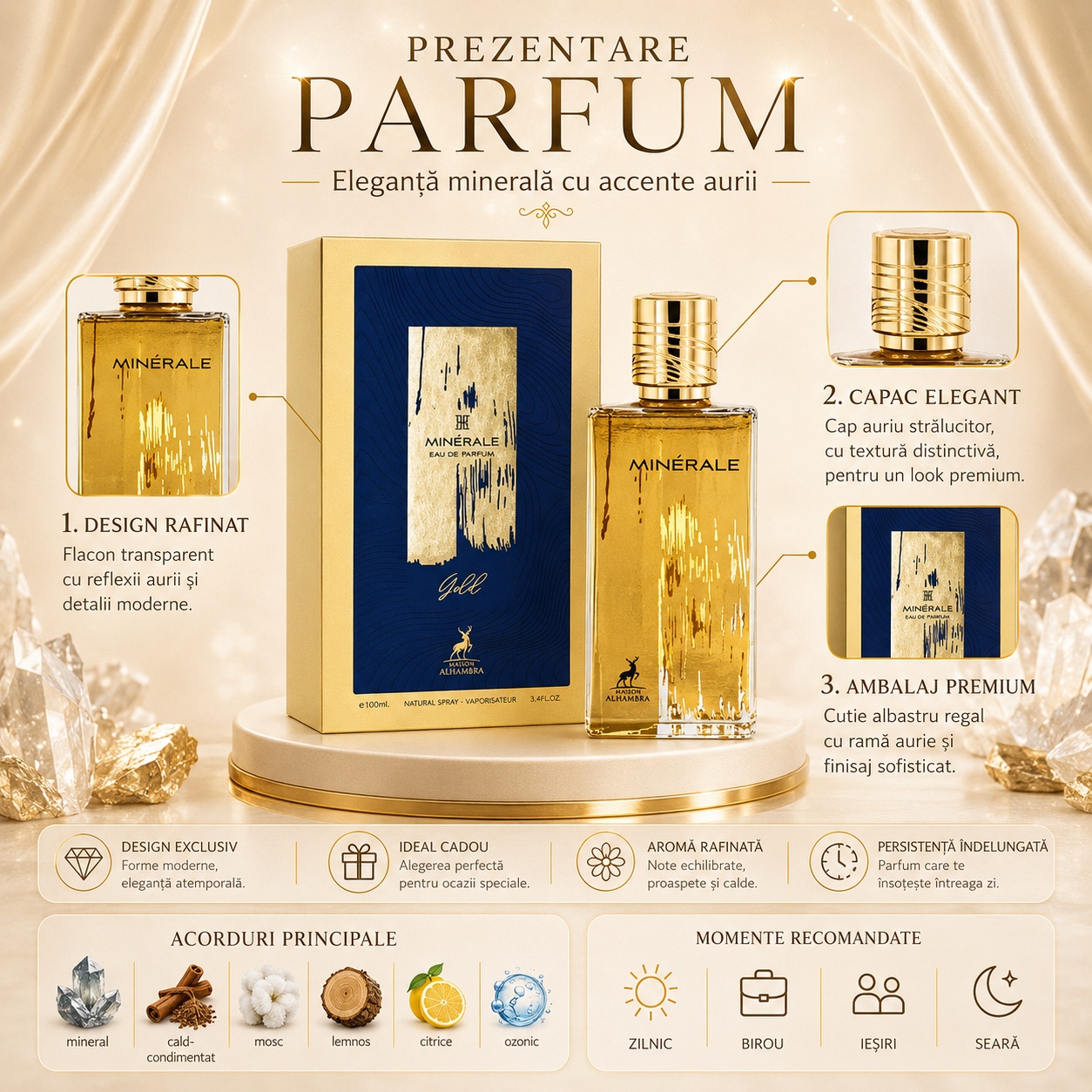 Alhambra Minerale Gold note olfactive mineral cald condimentat mosc lemnos citrice și ozonic