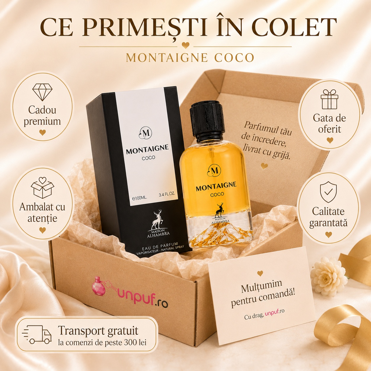 Colet parfum Alhambra Montaigne Coco ambalat cu atenție, gata de oferit cadou premium