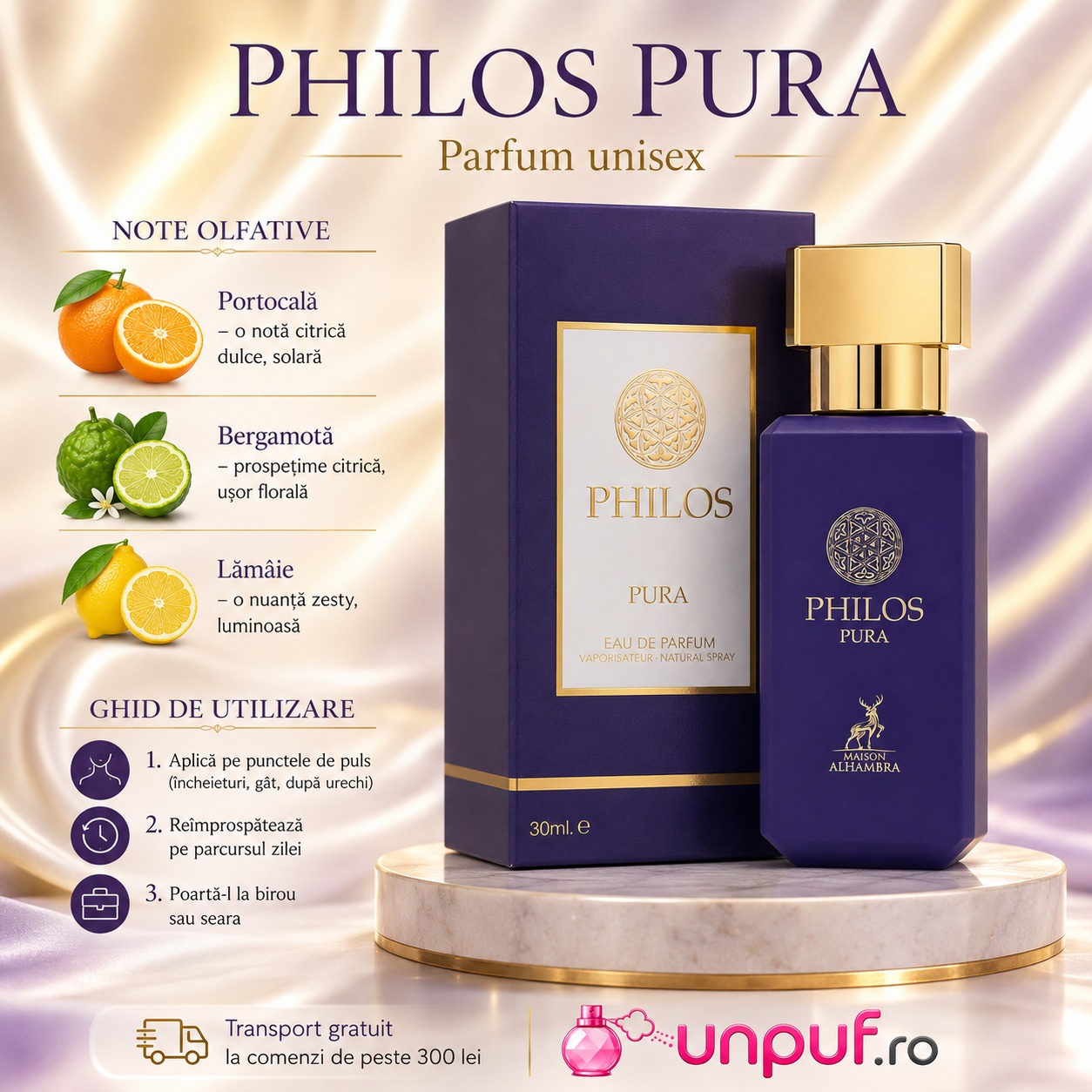 Note olfactive și ghid de utilizare Alhambra Philos Pura cu portocală, bergamotă, lăm&acirc;ie și acorduri citrice