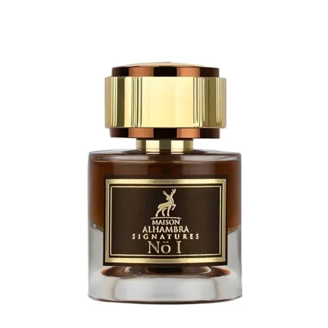 Sticlă reală Alhambra Signatures No. 1 50 ml cu lichid ambrat și capac auriu