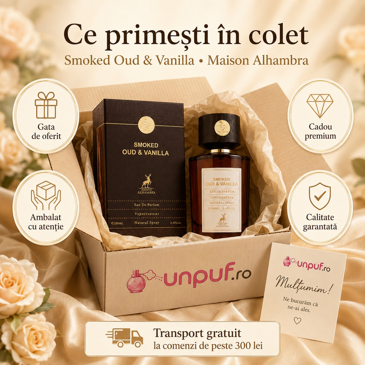 Ce primești &icirc;n colet Parfum Alhambra Smoked Oud & Vanilla Maison Alhambra 100 ml ambalat cu atenție