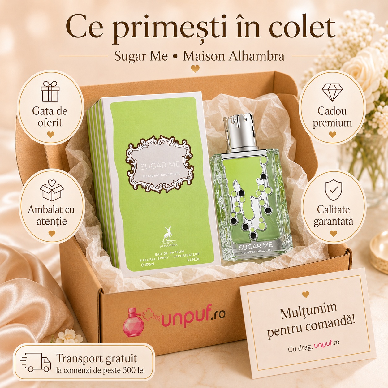 Ce primești în colet Parfum Alhambra Sugar Me Pistachio Chocolate Maison Alhambra 100 ml ambalat cu atenție pentru cadou premium