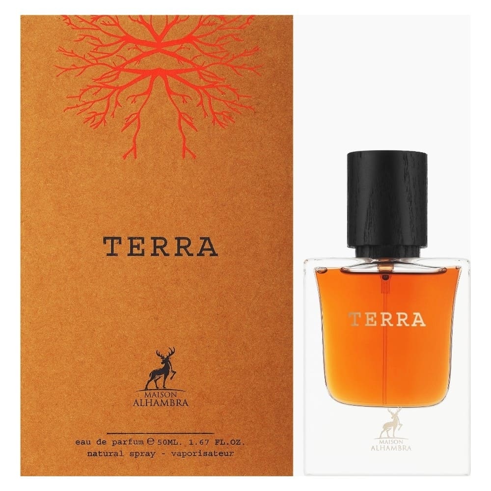 Parfum Alhambra Terra Maison Alhambra 50 ml sticlă și cutie pe fundal alb
