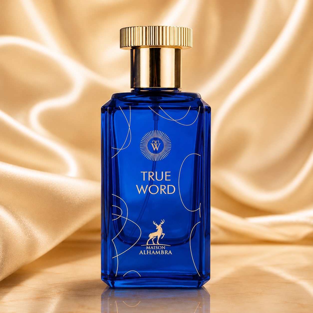 Sticlă parfum Alhambra True Word Maison Alhambra 100 ml pe fundal satinat auriu