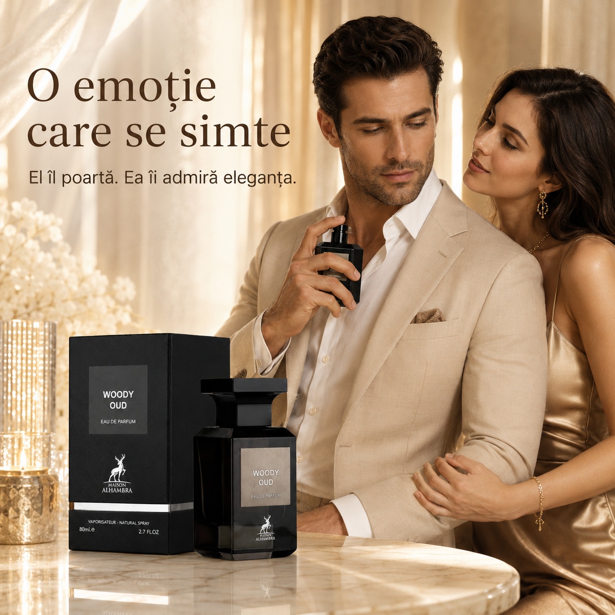 Alhambra Woody Oud parfum unisex elegant pentru femei și bărbați