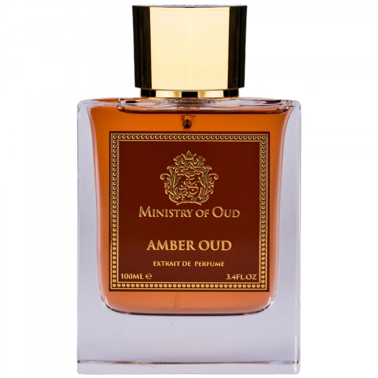 Sticlă parfum Amber Oud Ministry Of Oud 100ml pe fundal alb, extract de parfum arabesc unisex