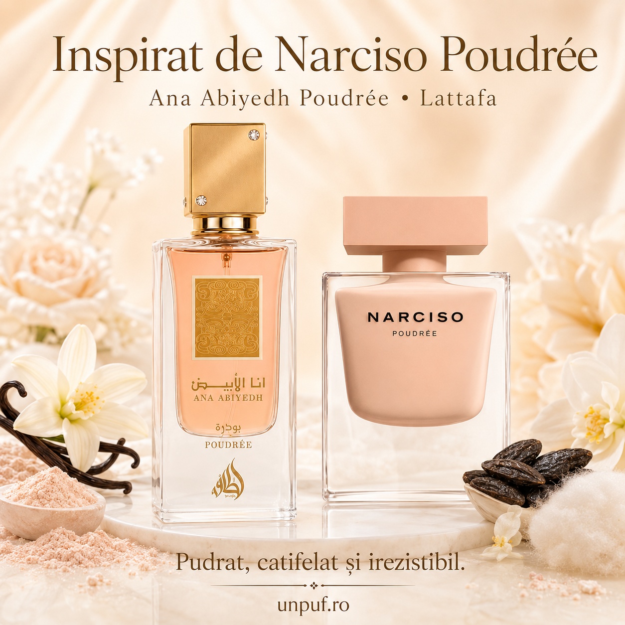 Ana Abiyedh Poudree Lattafa inspirat din Narciso Poudree Narciso Rodriguez, parfum pudrat catifelat și irezistibil
