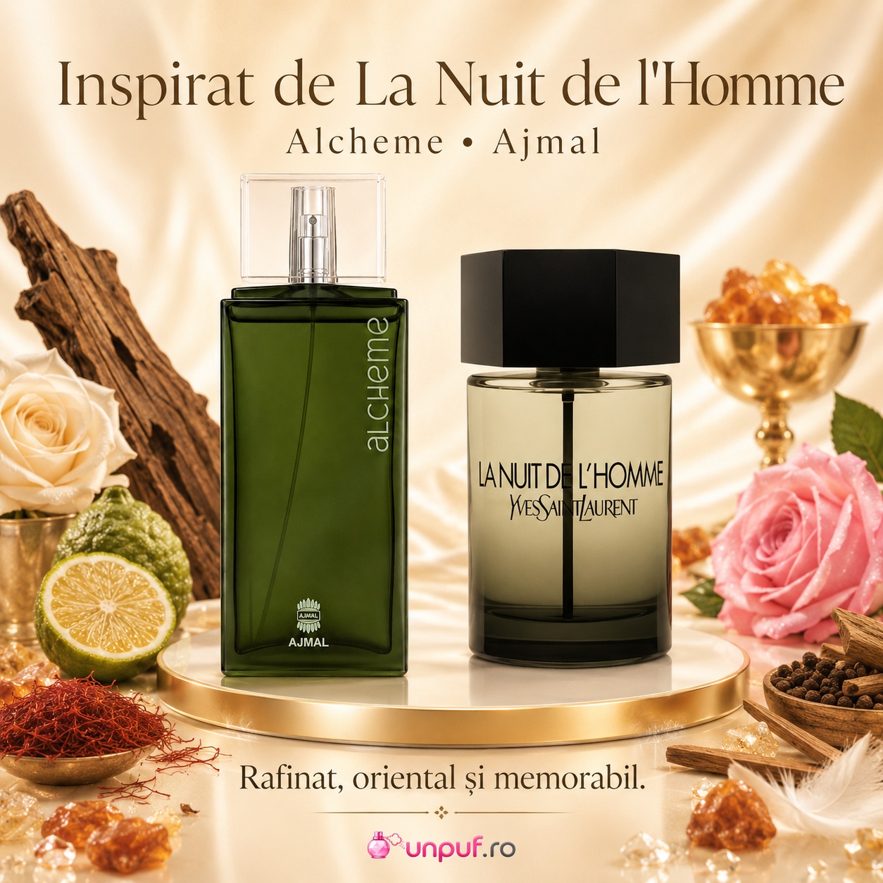 Ajmal Alcheme cu direcție vizuală La Nuit de L’Homme, parfum oriental rafinat și memorabil
