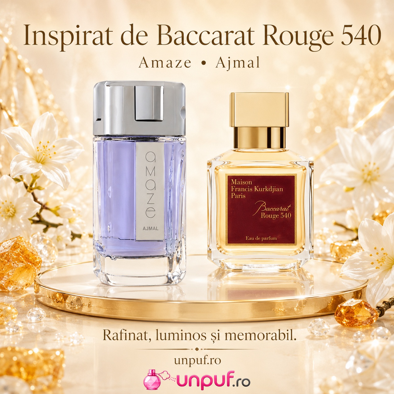 Ajmal Amaze Him cu direcție vizuală Baccarat Rouge 540, parfum rafinat, luminos și memorabil