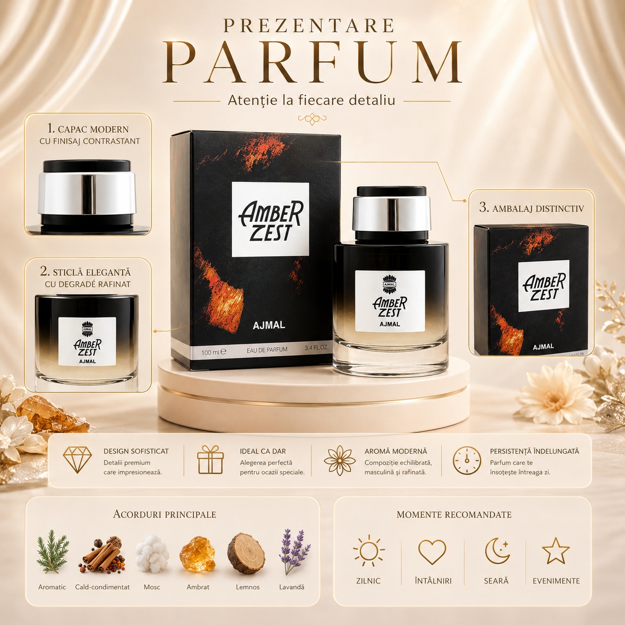 Prezentare parfum Ajmal Amber Zest 100 ml cu detalii premium, acorduri aromatice, cald-condimentate, mosc, ambră, lemnos și lavandă