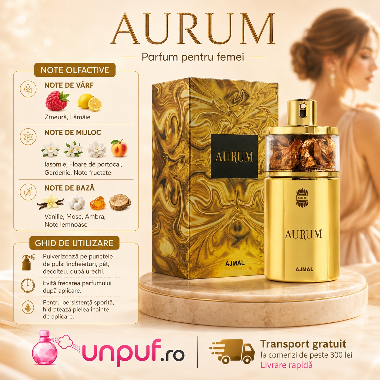 Ajmal Aurum ghid de utilizare cu note de zmeură, lămâie, iasomie, floare de portocal, gardenie, vanilie, mosc și ambră