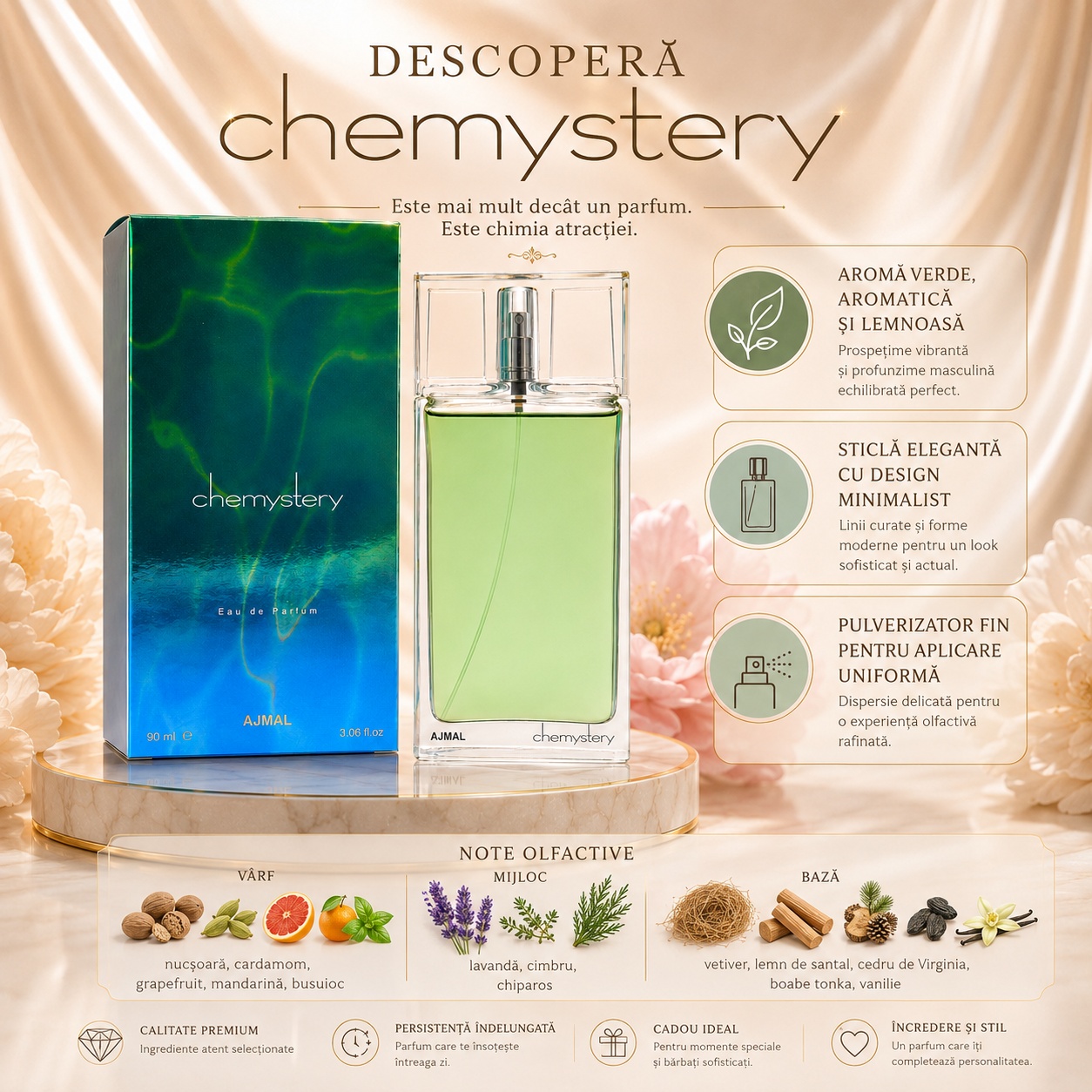 Ajmal Chemystery prezentare premium cu aromă verde, aromatică și lemnoasă, plus note olfactive complete