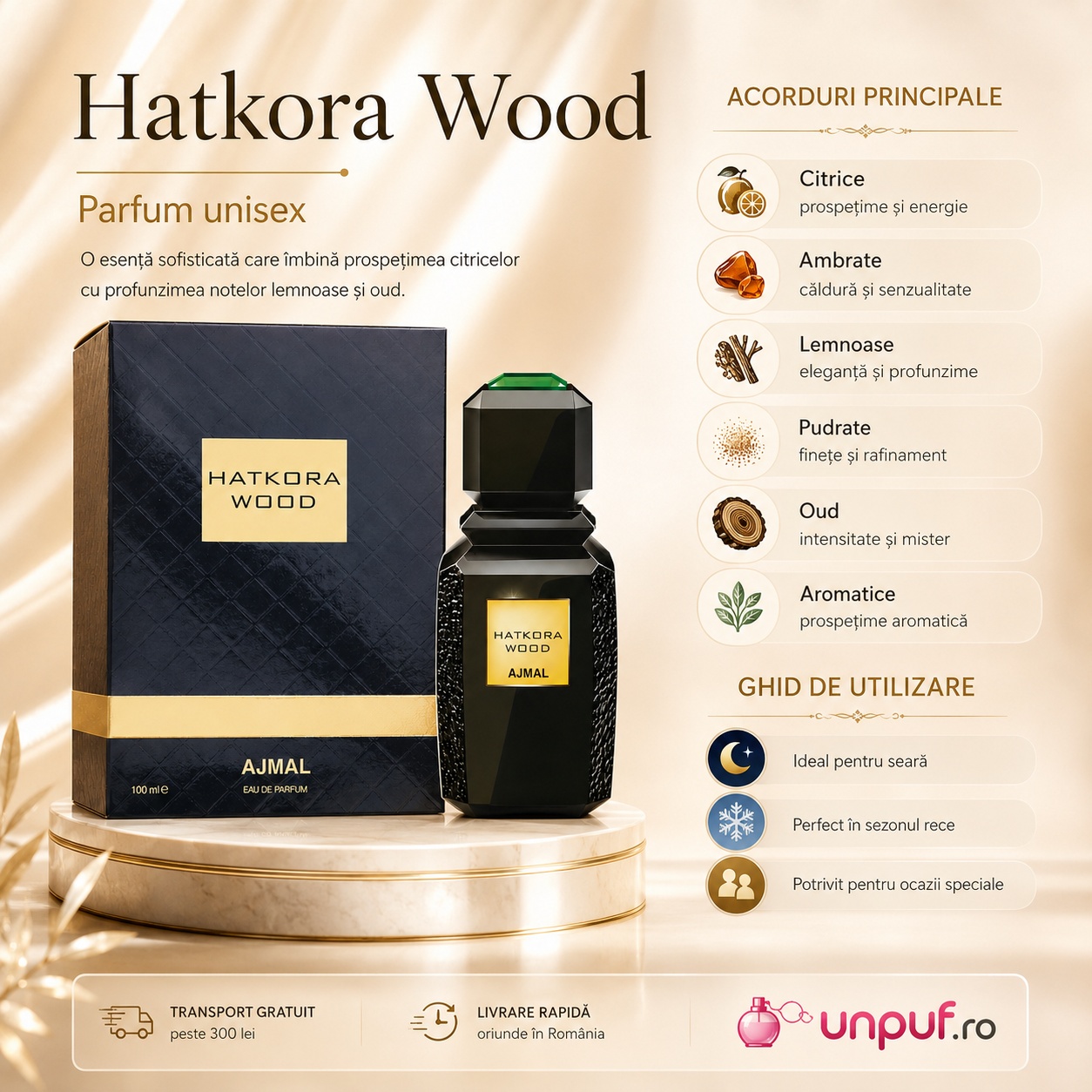 Ajmal Hatkora Wood ghid de utilizare, parfum unisex cu acorduri citrice, ambrate, lemnoase, pudrate, oud și aromatice