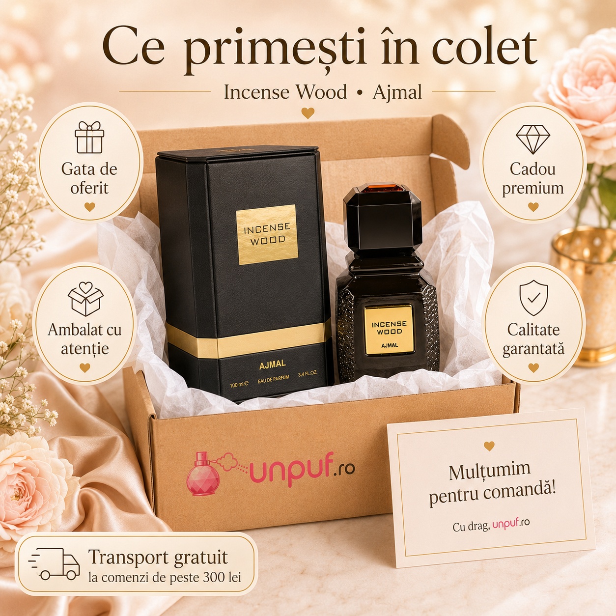 Ce primești în colet Ajmal Incense Wood 100 ml, parfum original ambalat cu atenție și cadou premium