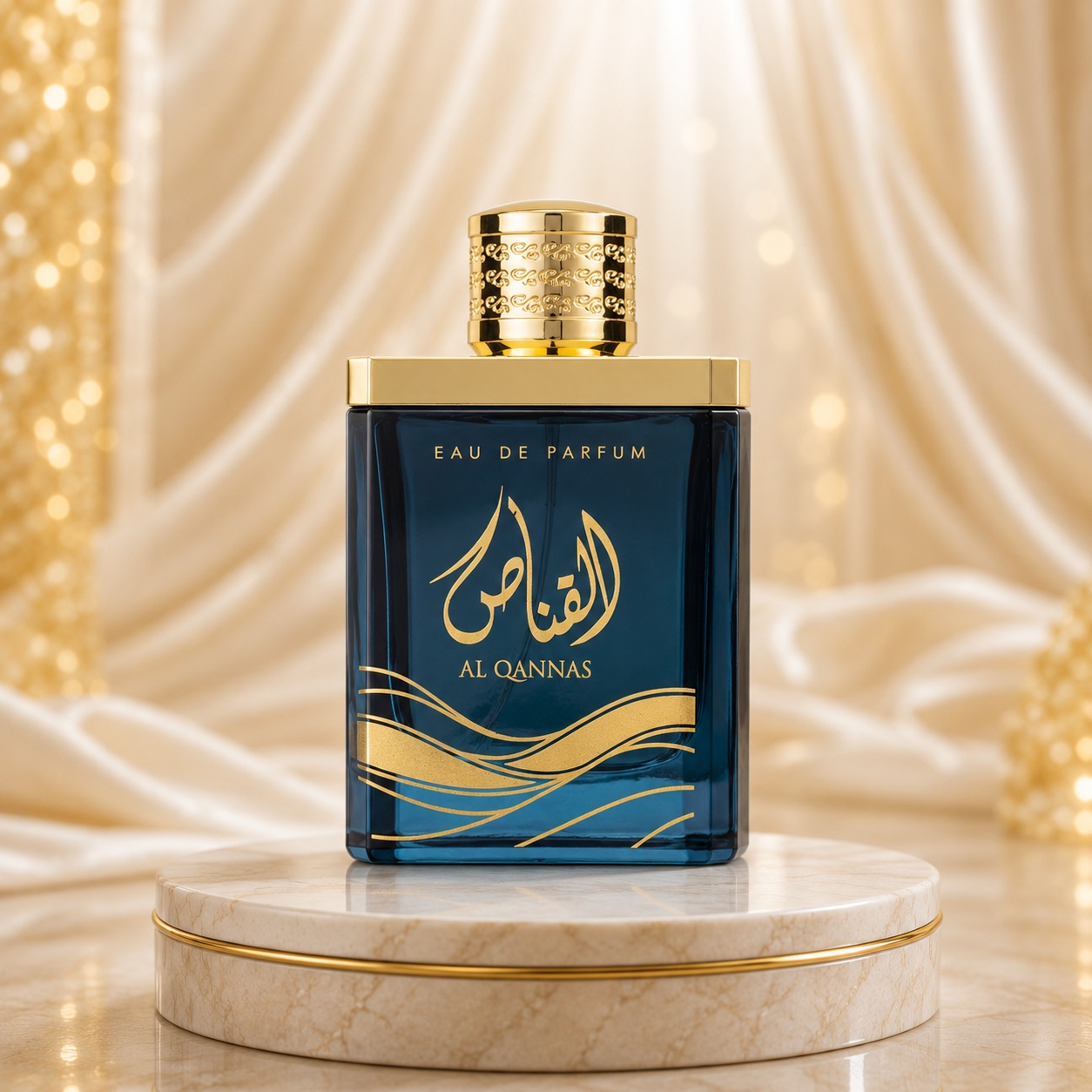 Flacon Al Qannas Ard Al Zaafaran parfum arăbesc 100 ml cu sticlă albastră și capac auriu elegant