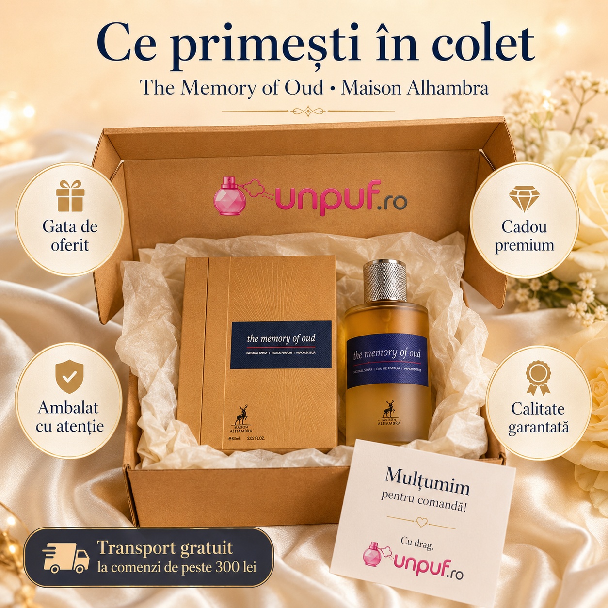 Ce primești în colet Parfum Alhambra The Memory Of Oud Maison Alhambra ambalat cu atenție