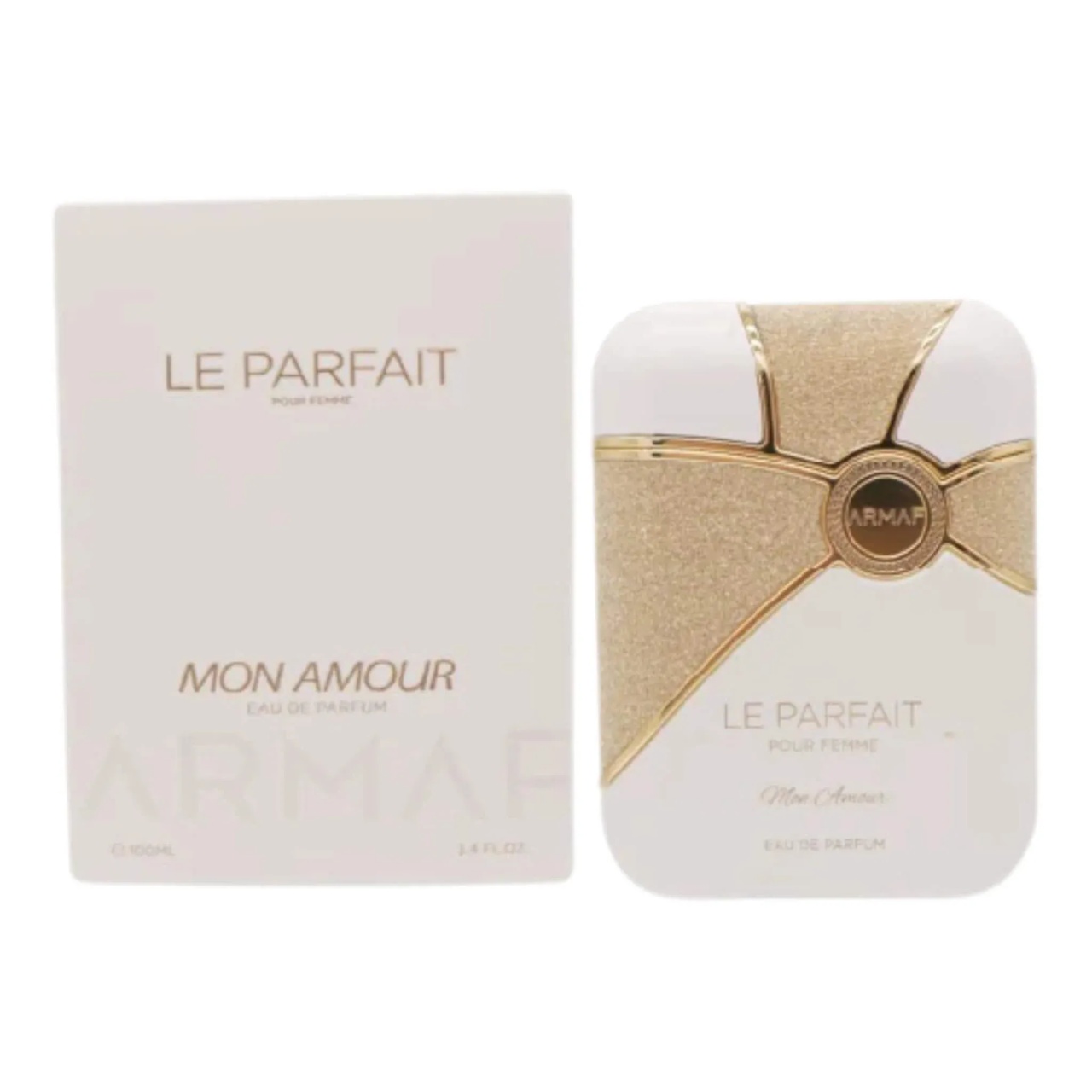 Flacon original Armaf Le Parfait Pour Femme Mon Amour 100 ml cu cutie albă și design auriu premium