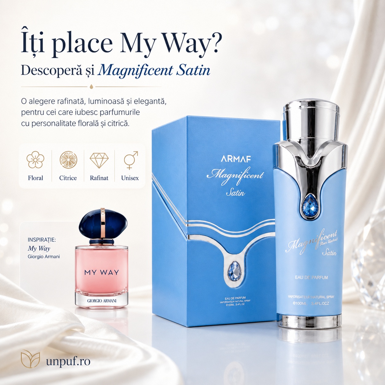 Armaf Magnificent Satin inspirat de My Way, parfum floral citric rafinat unisex pentru damă și bărbat