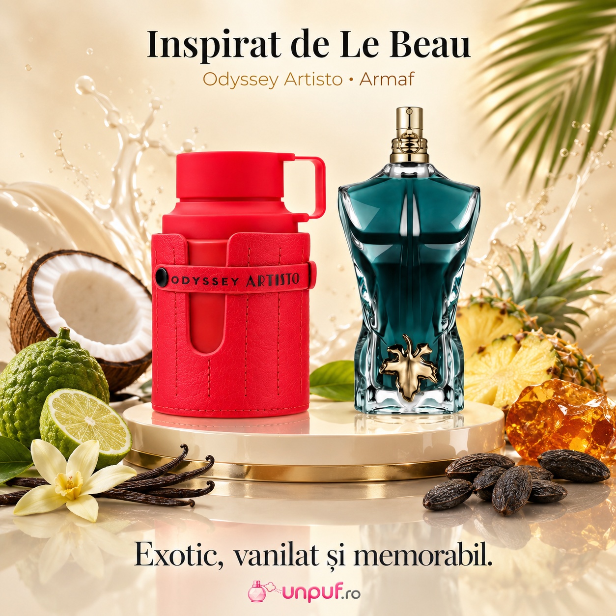 Armaf Odyssey Artisto inspirat de Le Beau, parfum exotic, vanilat și memorabil
