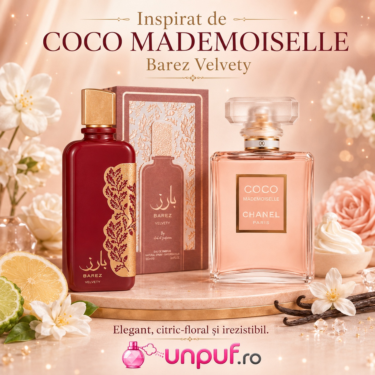 Barez Velvety inspirat de Coco Mademoiselle, parfum arabesc elegant, citric floral și irezistibil