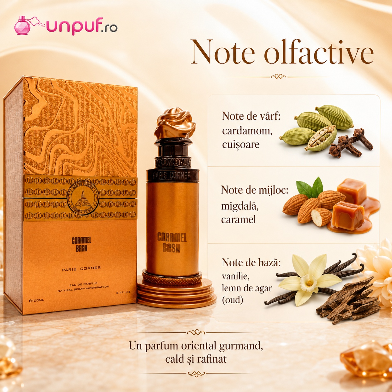 Caramel Bash Paris Corner note olfactive cardamom, cuișoare, migdală, caramel, vanilie și oud