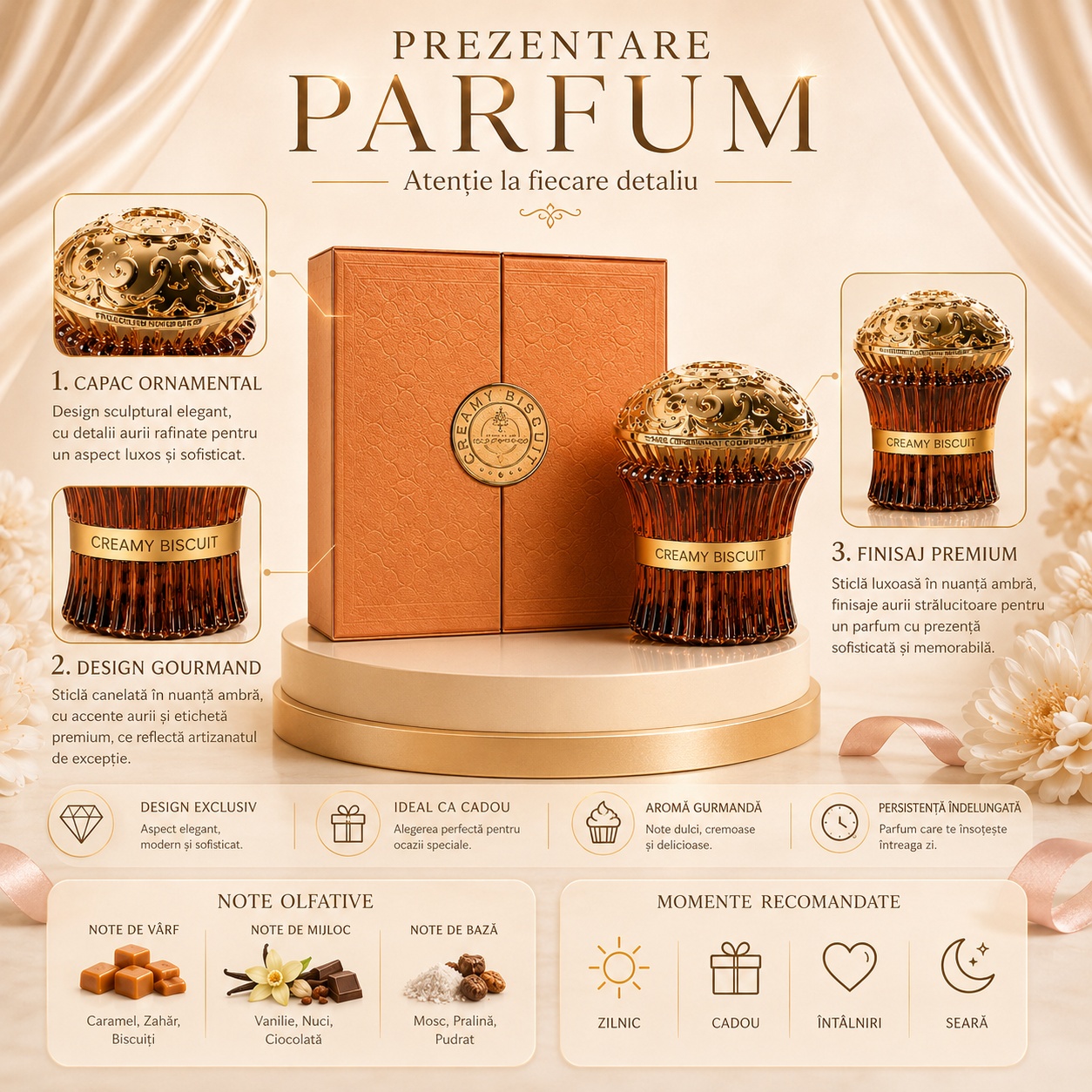 Prezentare parfum Creamy Biscuit cu note olfactive, design gourmand și persistență îndelungată