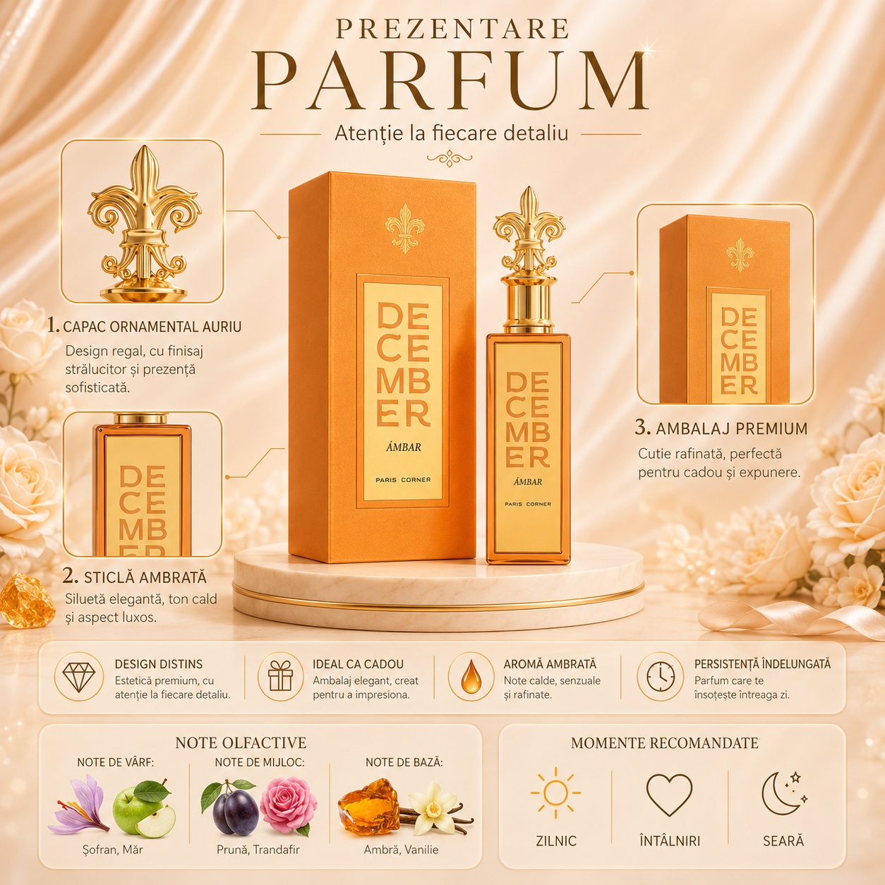 Prezentare December Ambar Paris Corner cu capac ornamental auriu, sticlă ambrată, ambalaj premium, aromă ambrată și persistență &icirc;ndelungată