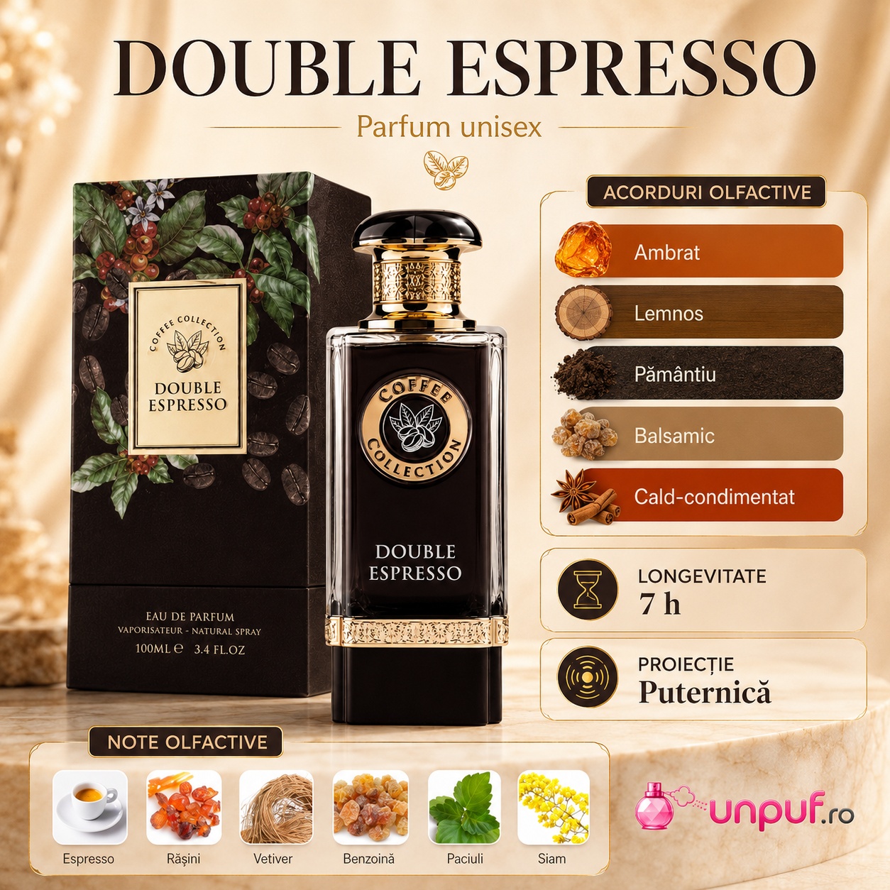 Double Espresso Fragrance World parfum unisex cu acorduri ambrat, lemnos, păm&acirc;ntiu, balsamic și cald condimentat