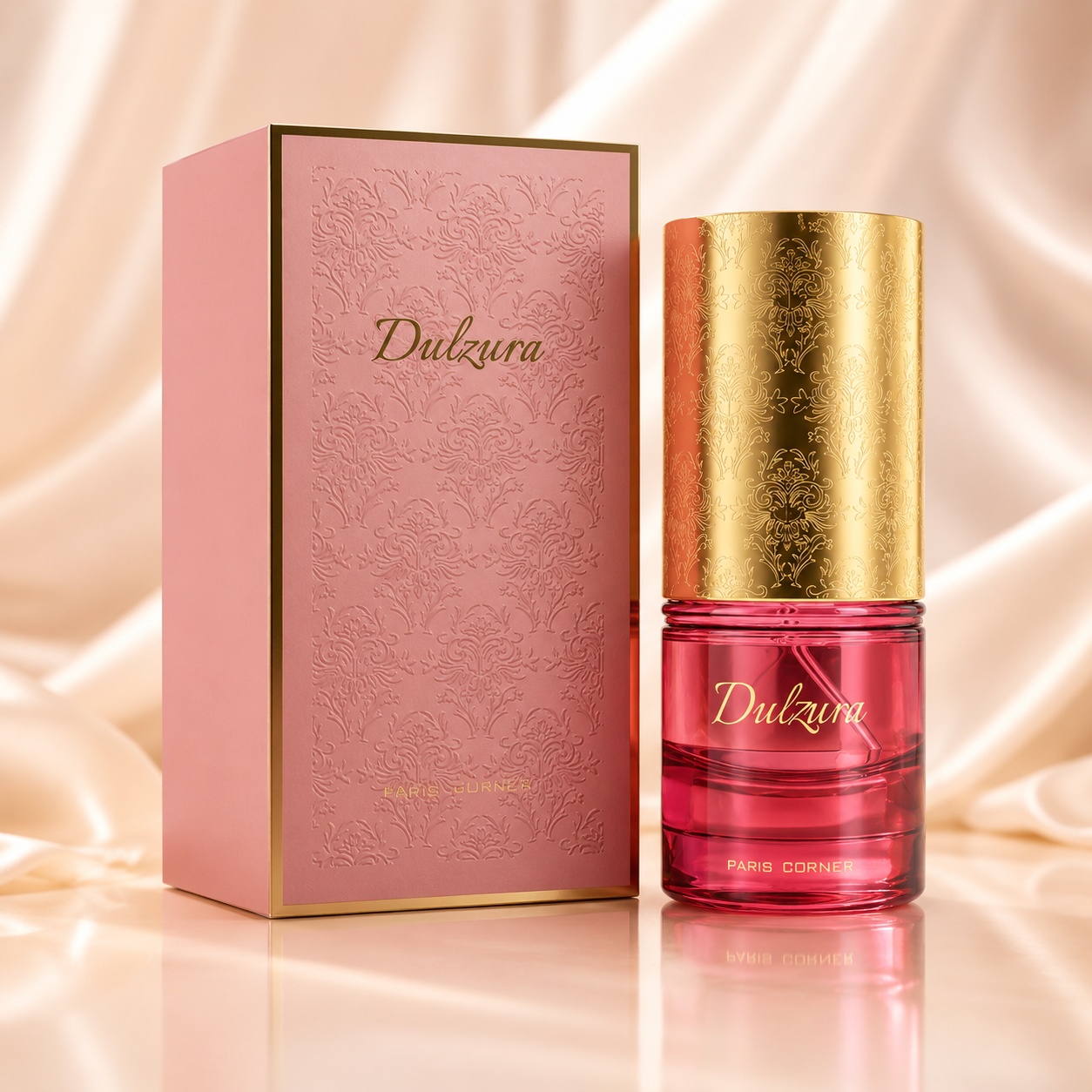 Parfum Arăbesc Dulzura 100 ml Paris Corner cu flacon roz rubiniu, capac auriu ornamental și cutie roz premium