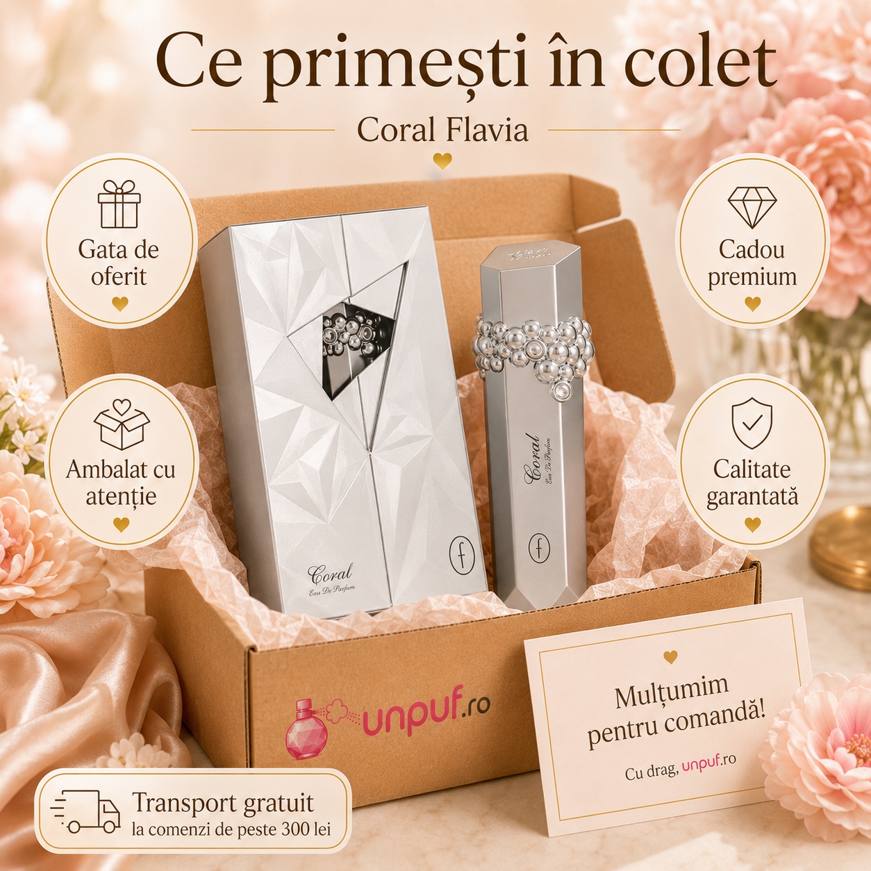Ce primești în colet Flavia Coral 100 ml, parfum original, ambalat cu atenție și cadou premium