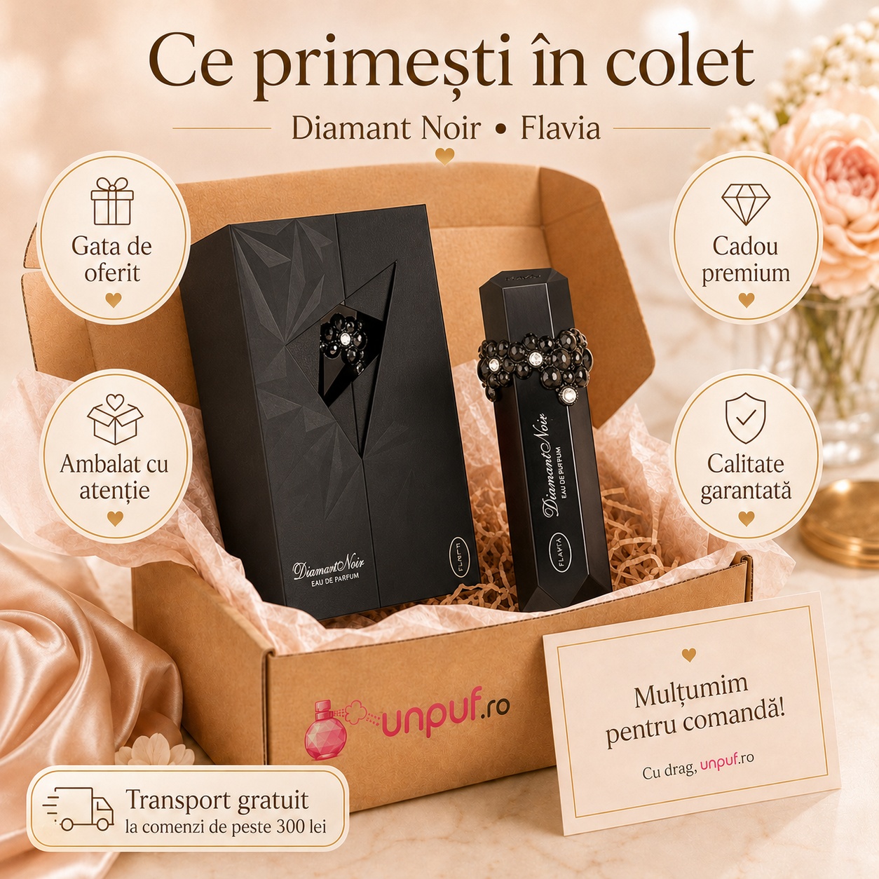 Ce primești în colet Flavia Diamant Noir 100 ml, parfum original ambalat cu atenție și cadou premium