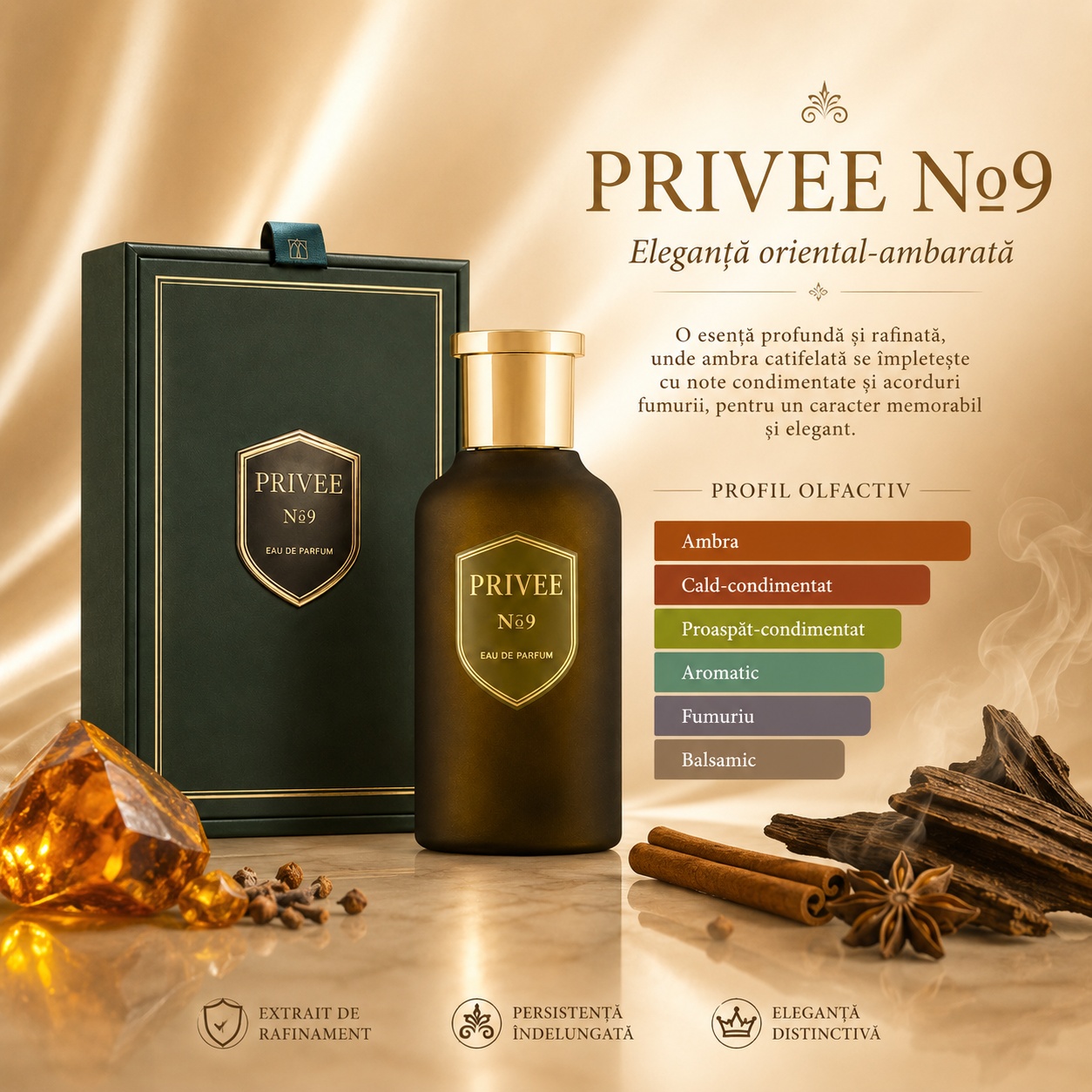 Prezentare parfum Flavia Privee No9 cu profil olfactiv ambrat, condimentat, aromatic, fumuriu și balsamic