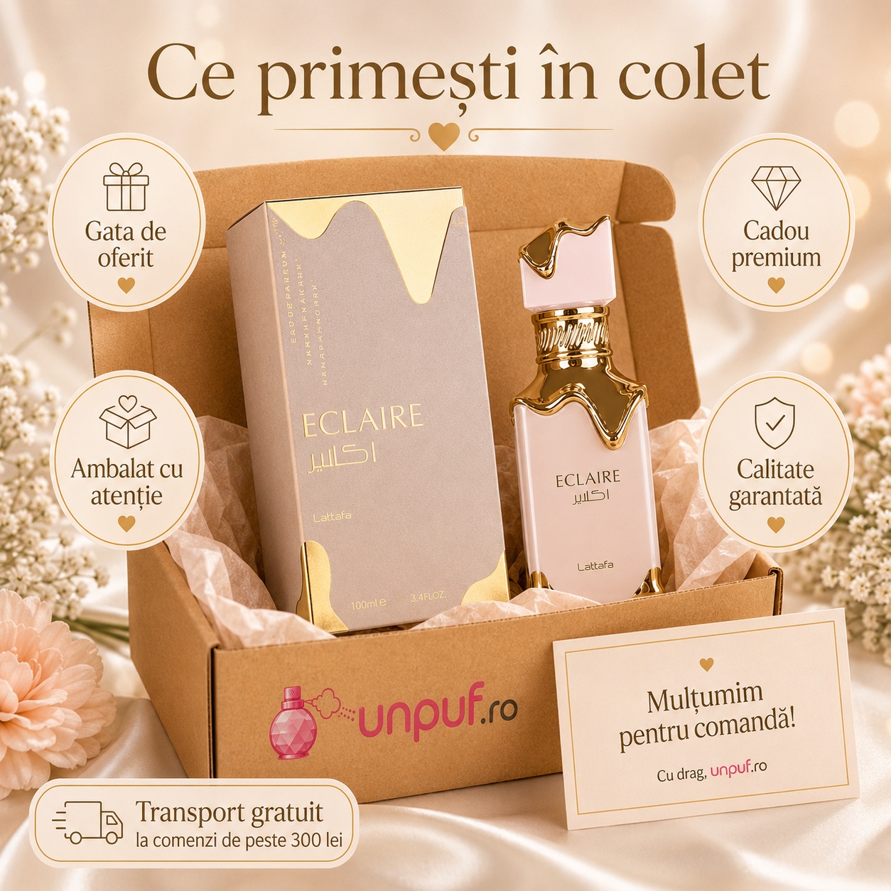 Ce primești în colet Flavia Lumine 100 ml, parfum original, ambalat cu atenție și cadou premium