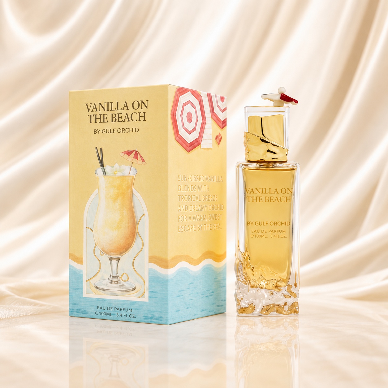 Parfum Arăbesc Gulf Orchid Vanilla On The Beach Eau de Parfum 100ml, sticlă galben-aurie și cutie tropicală