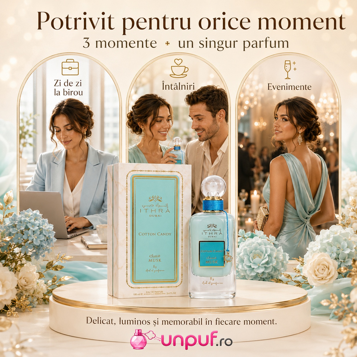 Ithra Dubai Cotton Candy Musk potrivit pentru zi de zi la birou, &icirc;nt&acirc;lniri și evenimente, parfum delicat luminos și memorabil