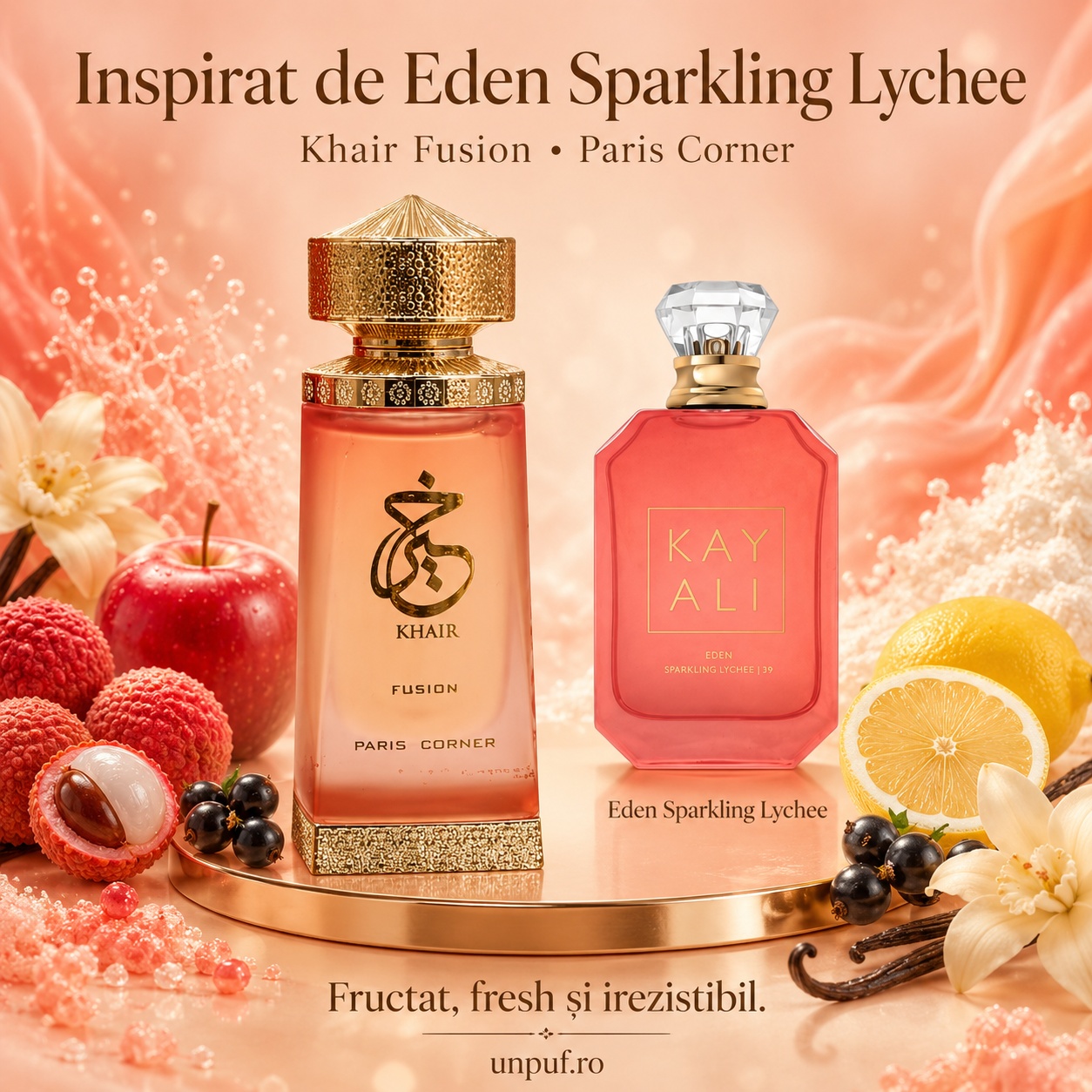 Khair Fusion Paris Corner inspirat de Eden Sparkling Lychee, parfum fructat fresh și irezistibil cu litchi, măr, coacăze negre, lăm&acirc;ie, vanilie și flori albe