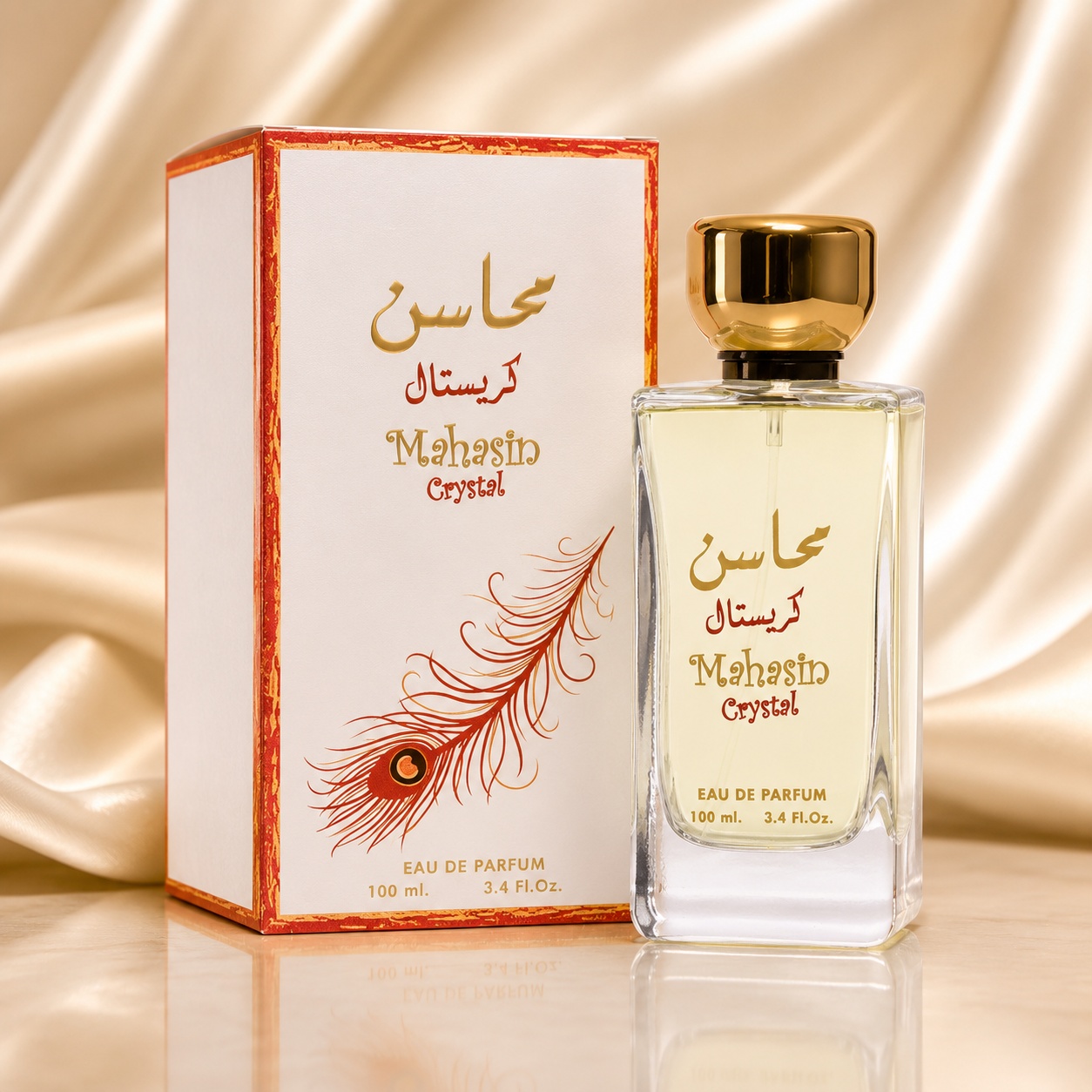 Parfum Arăbesc Lattafa Mahasin Crystal 100 ml unisex damă și bărbat cu flacon transparent, capac auriu și cutie premium