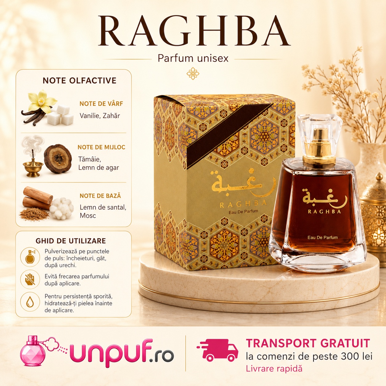 Lattafa Raghba parfum cu note de vanilie zahăr tăm&acirc;ie lemn de agar lemn de santal și mosc, ghid de utilizare