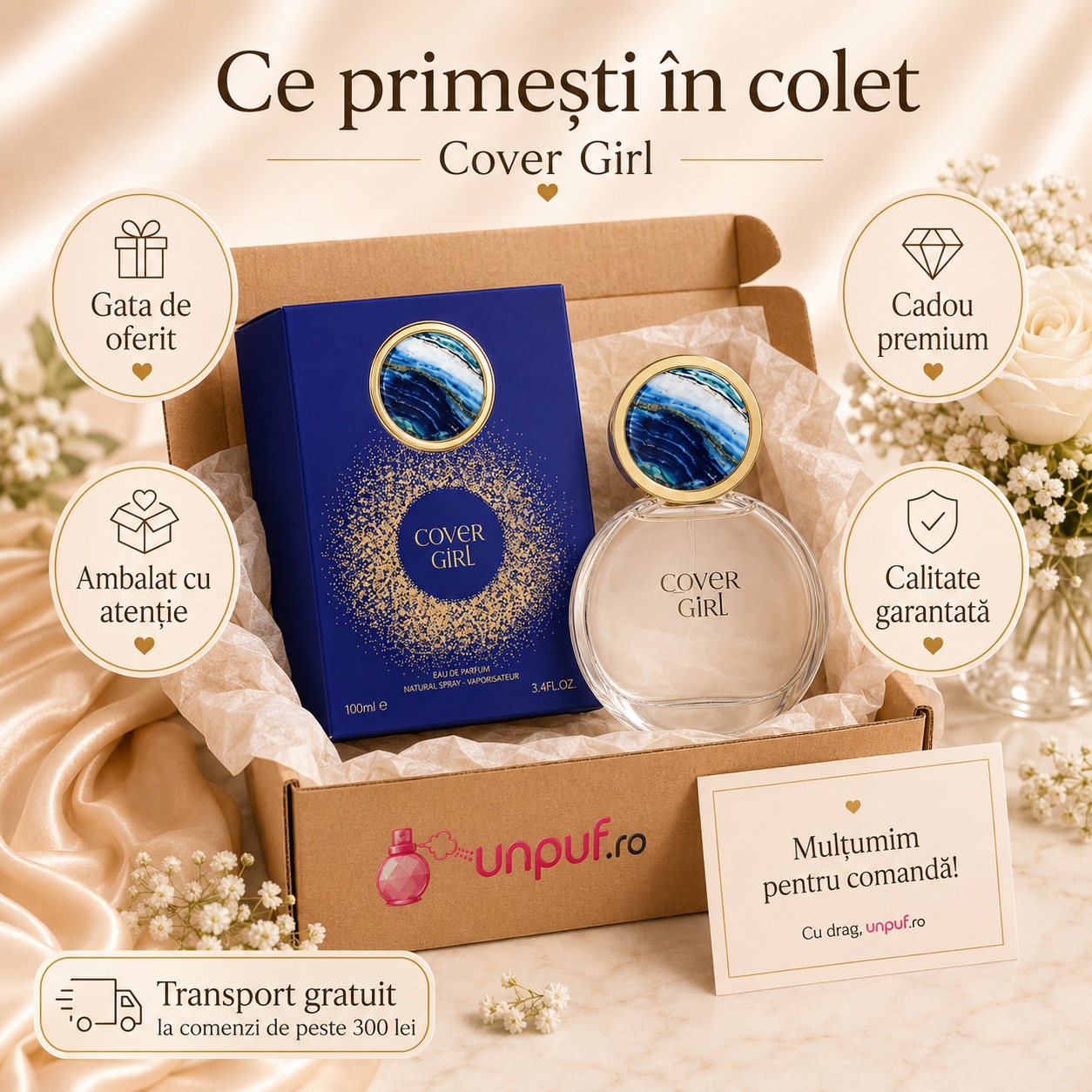 Ce primești în colet Maryaj Cover Girl 100 ml, parfum original ambalat cu atenție și cadou premium