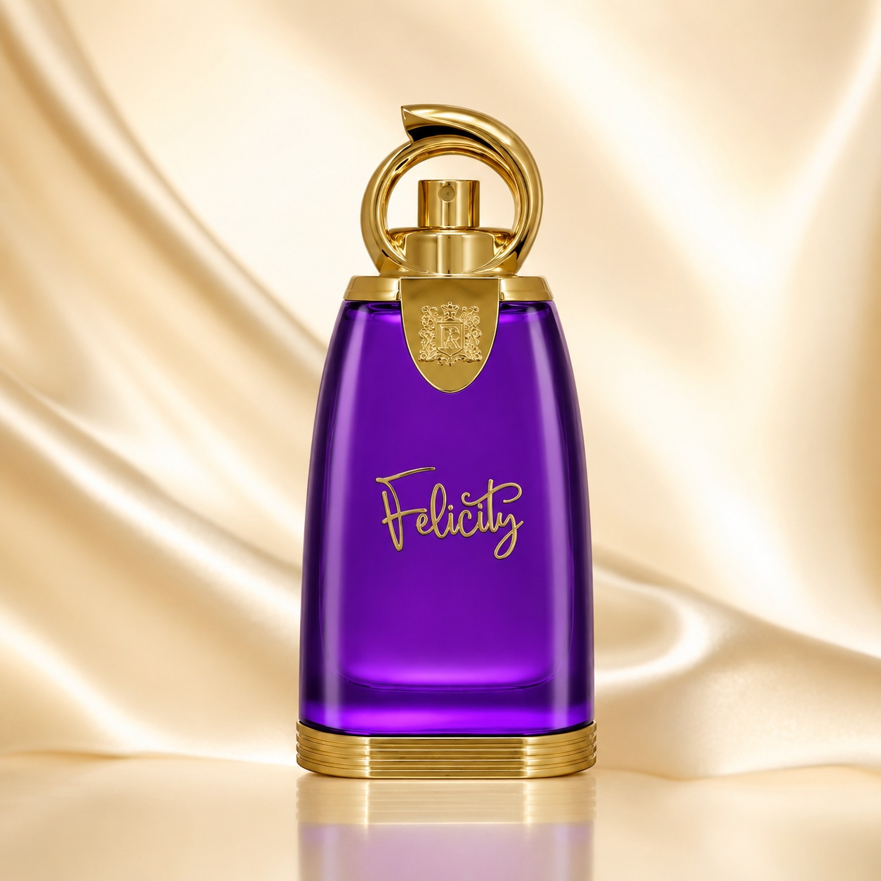 Flacon Maryaj Felicity 100 ml mov intens cu capac auriu elegant pe fundal satinat