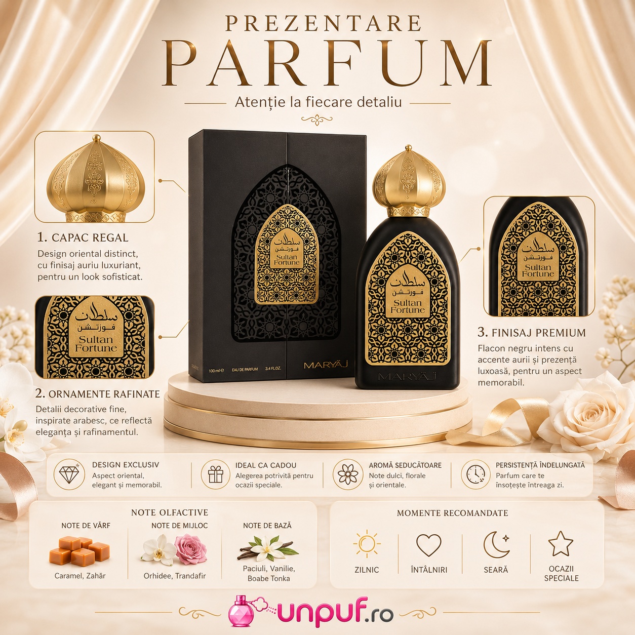 Prezentare parfum Maryaj Sultan Fortune cu detalii de flacon, capac regal, ornamente rafinate și note olfactive