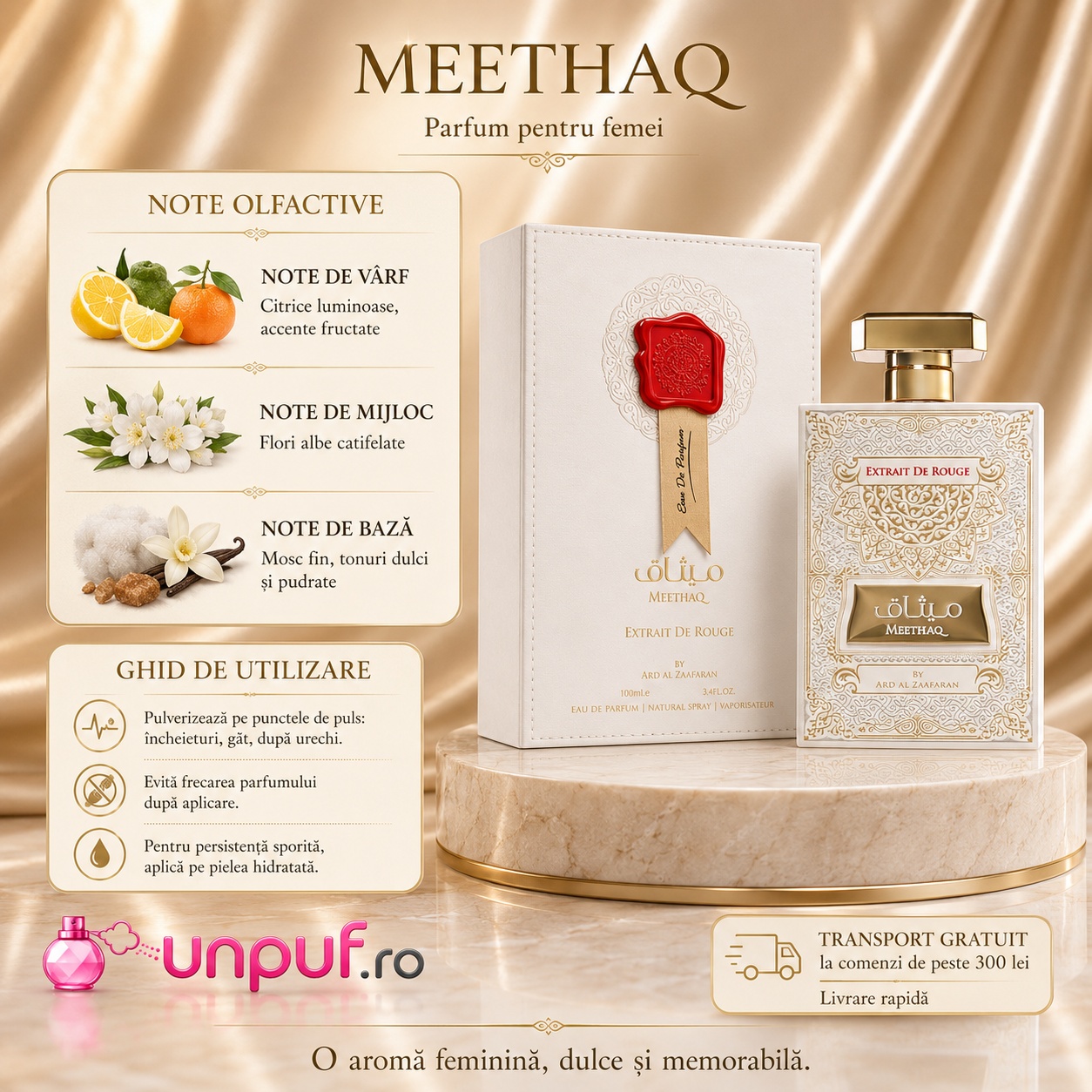 Meethaq Extrait de Rouge note olfactive iasomie șofran amberwood ambergris cedru și mosc