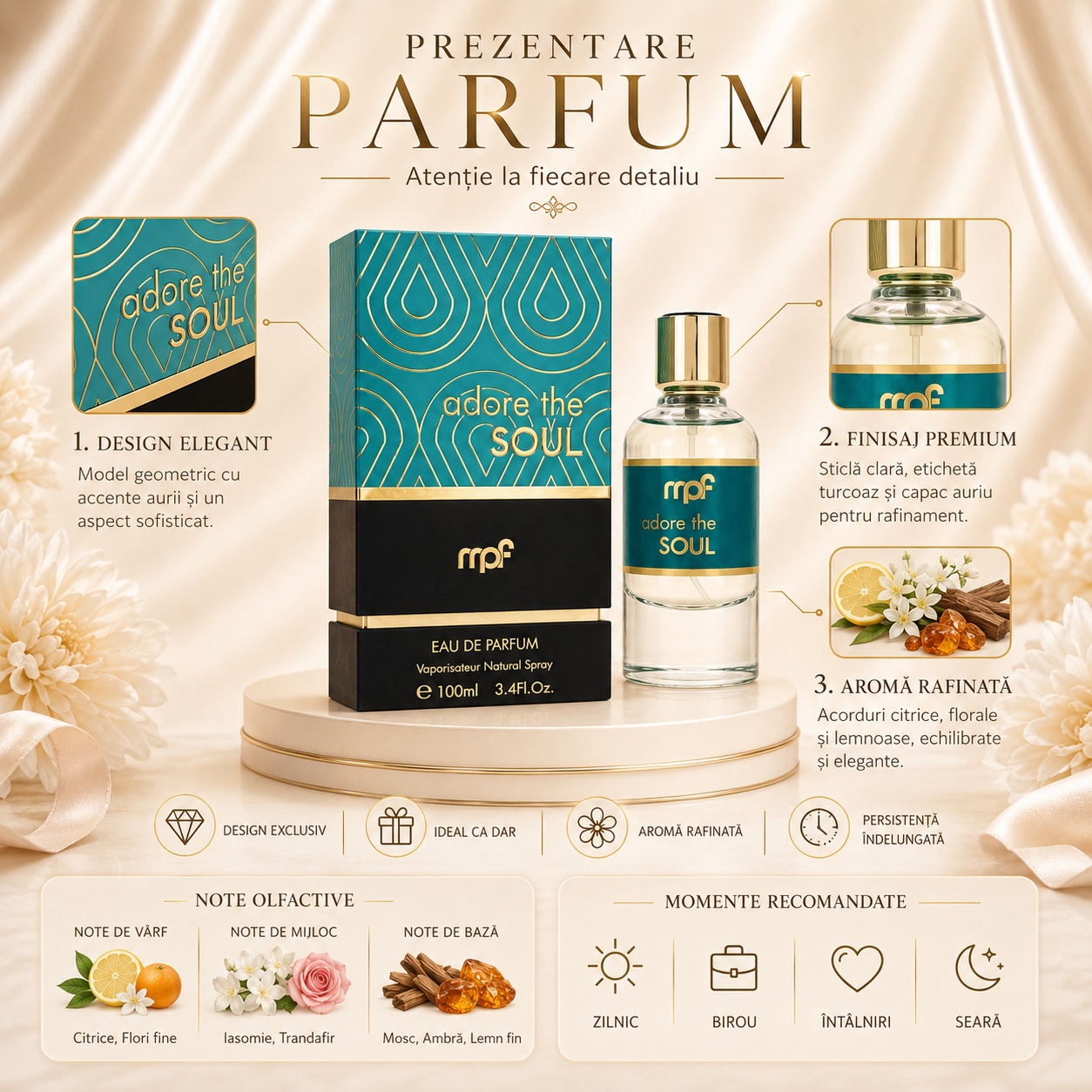 Prezentare parfum Adore De Soul cu design elegant, finisaj premium, aromă rafinată și note citrice florale lemnoase