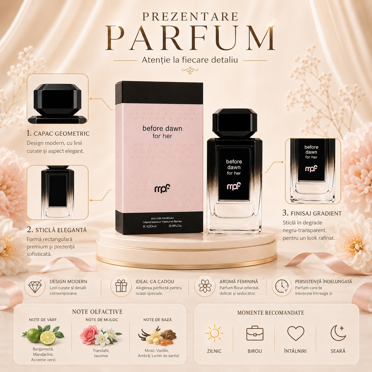 Prezentare parfum Before Dawn For Her cu design modern, sticlă elegantă, note olfactive și momente recomandate