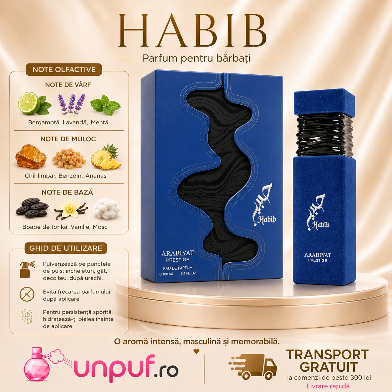 Note olfactive și ghid de utilizare Habib cu bergamotă, lavandă, mentă, chihlimbar, benzoin, ananas, tonka, vanilie și mosc