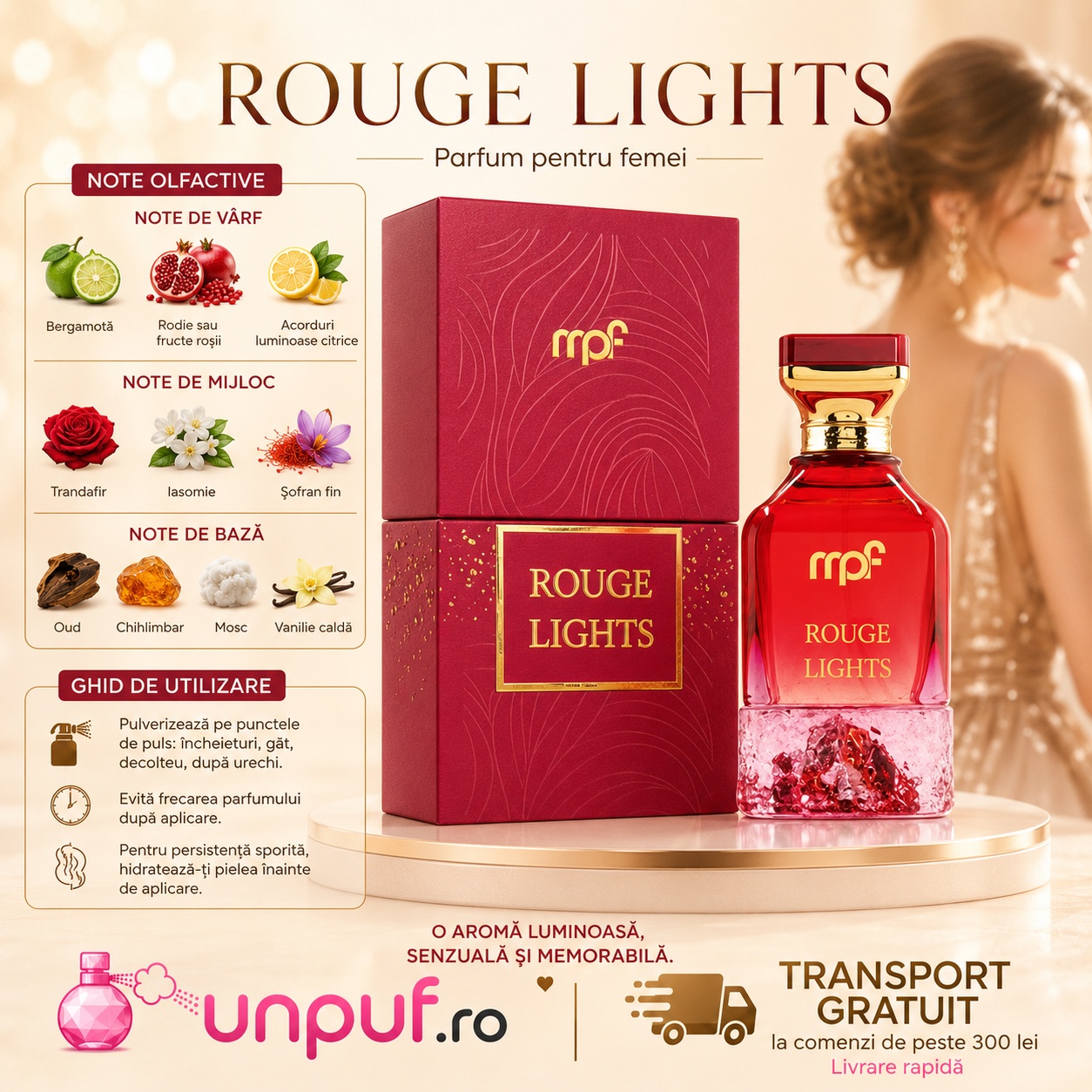 Rouge Lights note olfactive și ghid de utilizare cu bergamotă, rodie, trandafir, iasomie, șofran, oud, chihlimbar, mosc și vanilie