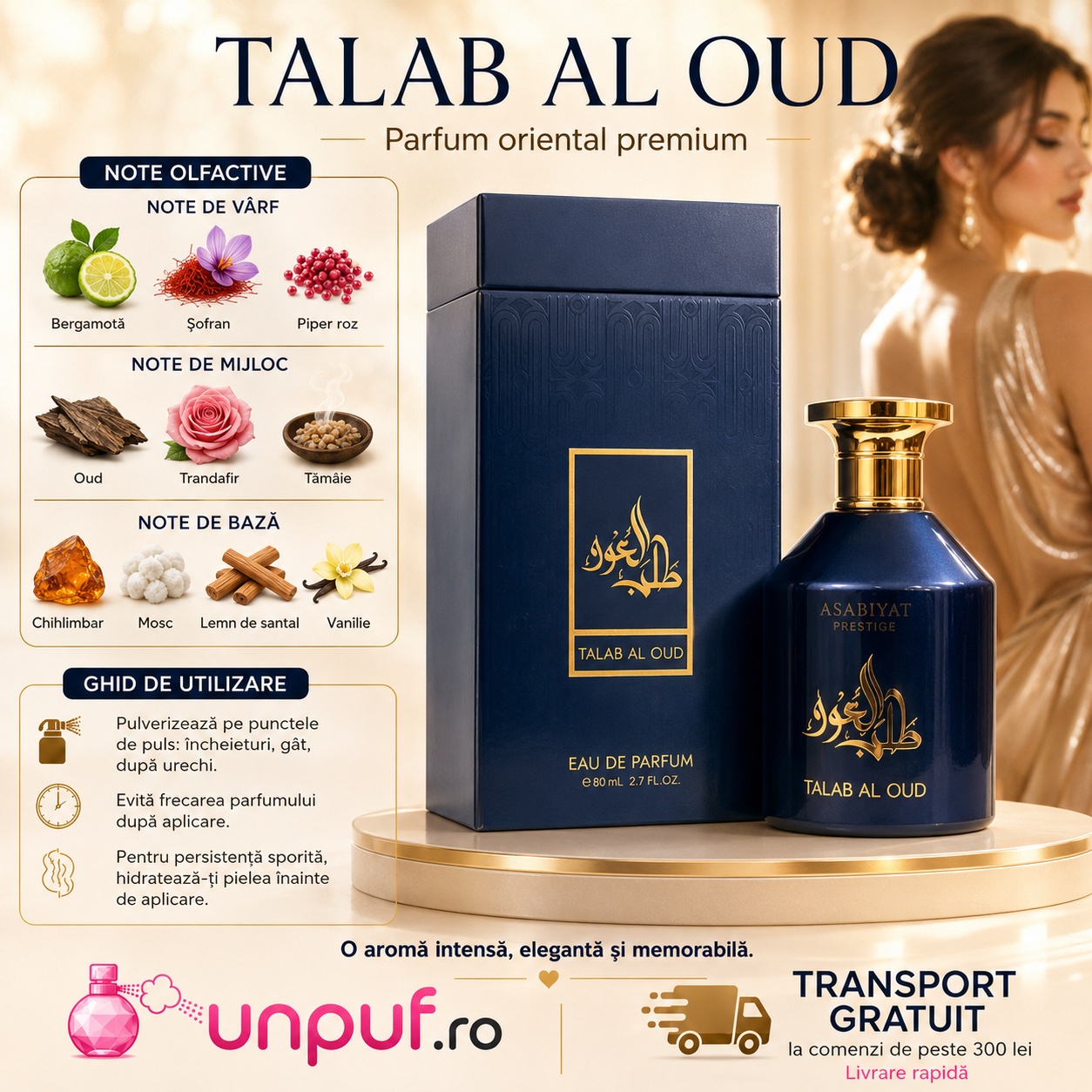 Profil olfactiv Talab Al Oud cu bergamotă, șofran, piper roz, oud, trandafir, tămâie, chihlimbar, mosc, santal și vanilie
