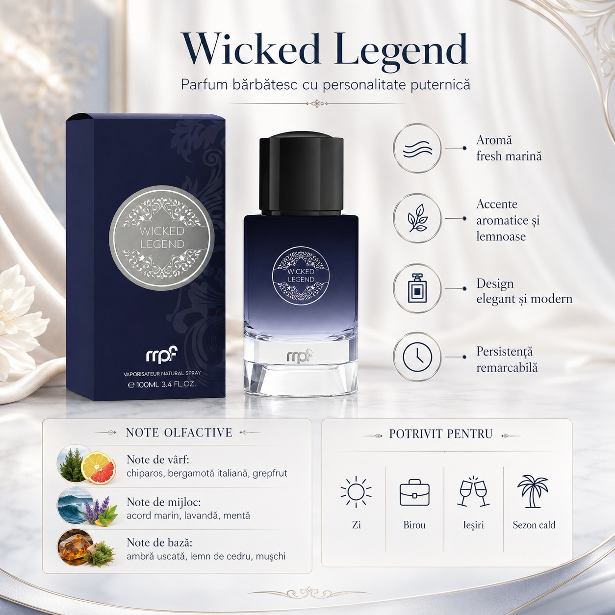 My Perfumes Wicked Legend prezentare note olfactive chiparos, bergamotă italiană, grapefruit, acord marin, lavandă, mentă, ambră uscată, cedru și mușchi